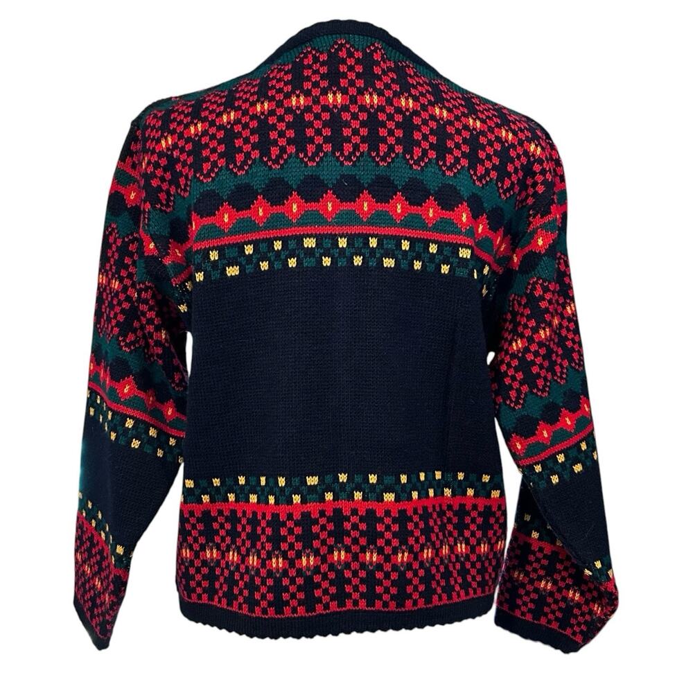 Vintage 80s Dog Fair Isle Cardigan Navy Red Gold Buttons Novelty Knit L - Picture 4 of 14